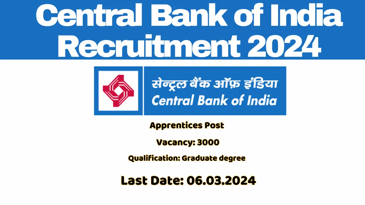 Central Bank of India Recruitment 2024 Apply for 3000 Apprentice posts